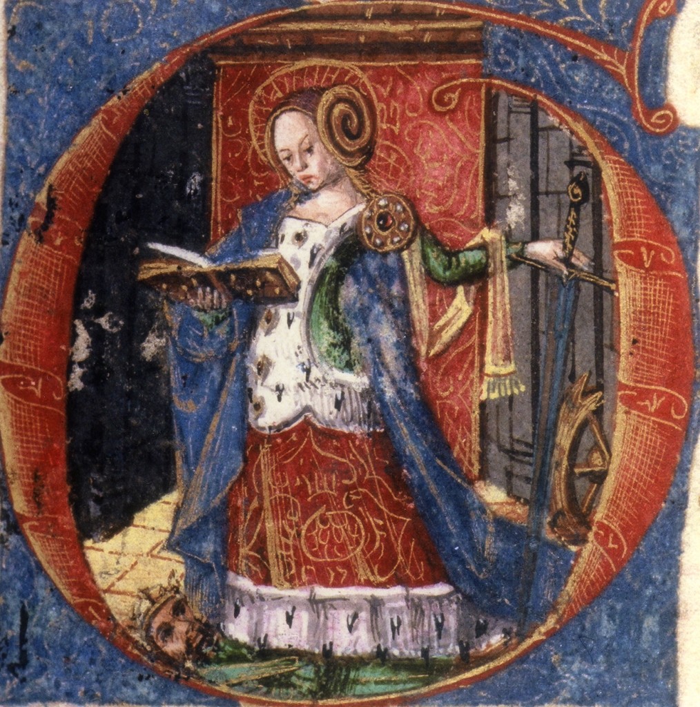 Sainte Catherine, enluminure du livre des Merciers, Perpignan, XVe s. Sainte Catherine, enluminure du livre des Merciers, Perpignan, XVe s.