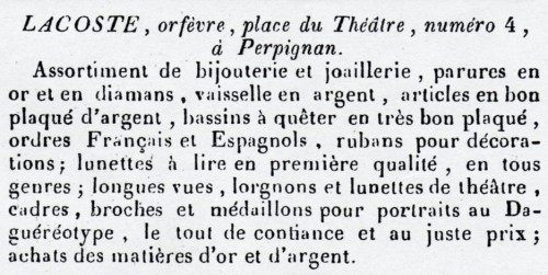 annonce de l'orfèvre Lacoste, Perpignan, 1844.