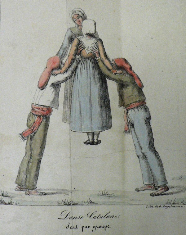 Le saut par groupe (1823), danse catalane, lithographie d'Engelmann