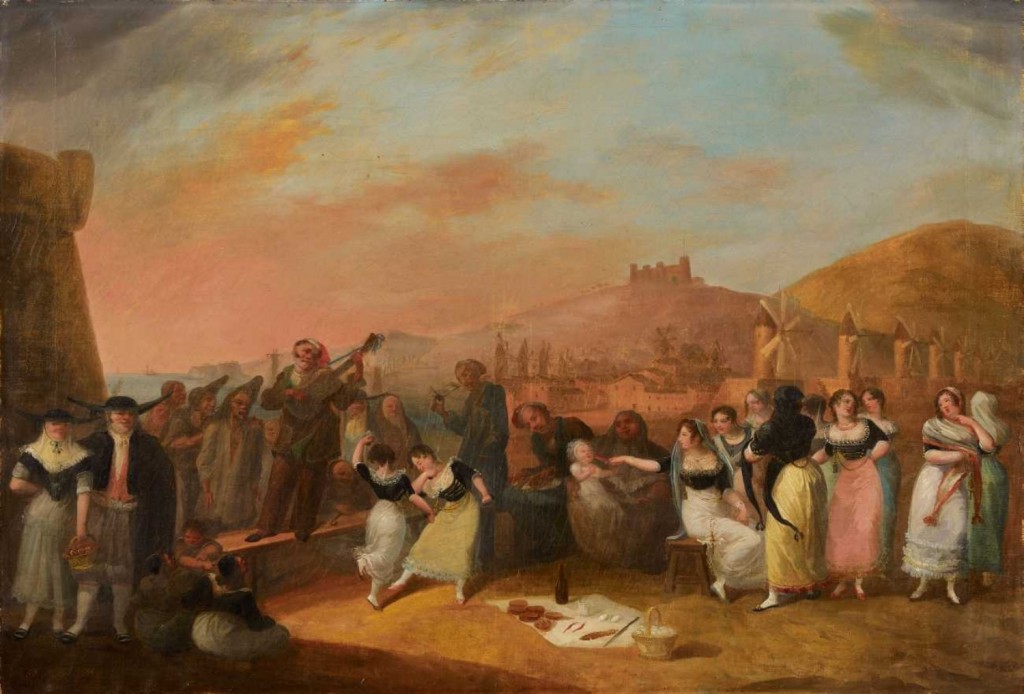 Personnages en costumes devant une vue de Barcelone, vers 1820.