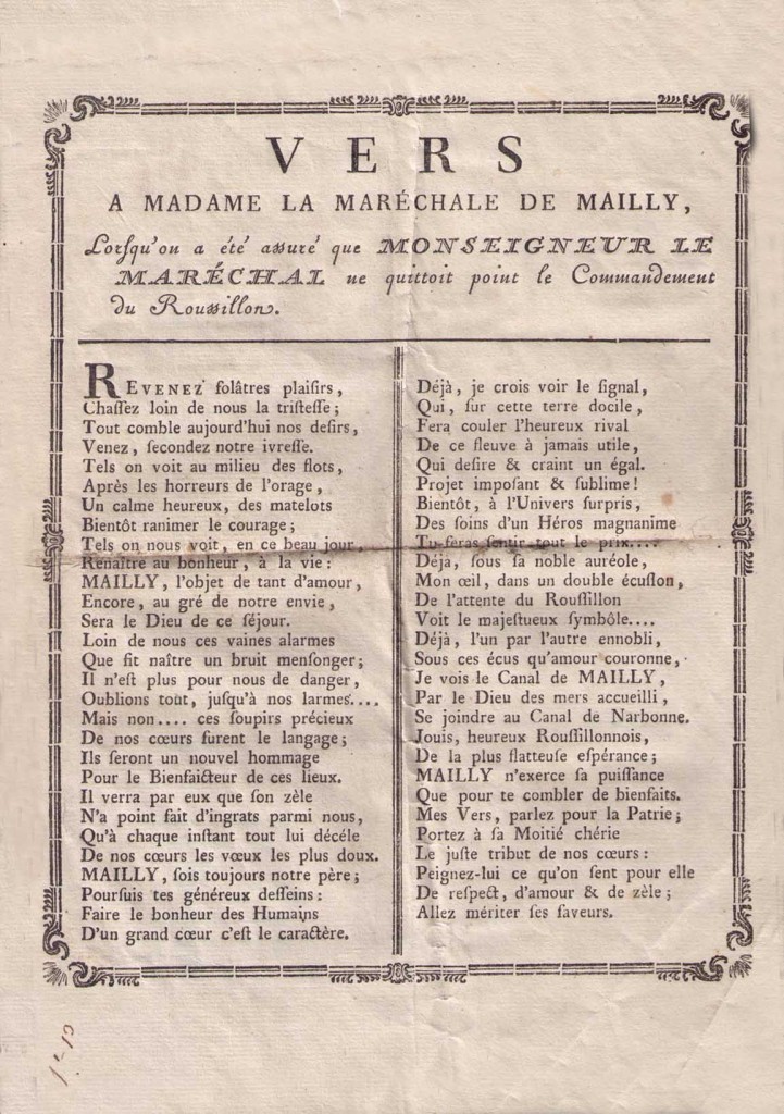 Vers dédiés à l'épouse d'Augustin de Mailly, archives privées.