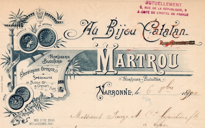 Martrou, horloger-bijoutier à Narbonne, Au bijou catalan. Martrou, horloger-bijoutier à Narbonne, Au bijou catalan.