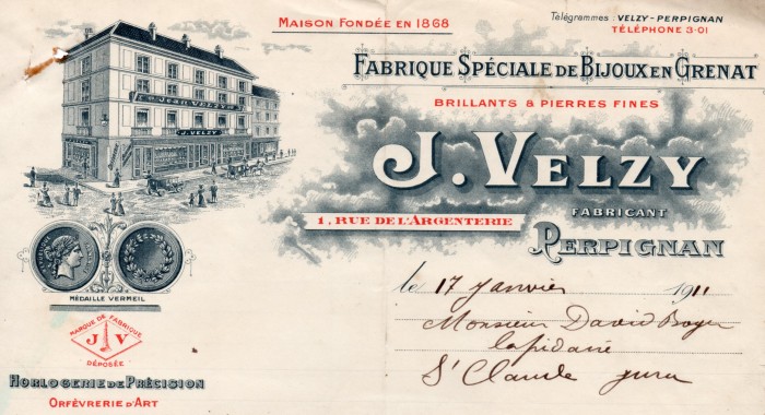 Maison Velzy, fabrique de bijoux en grenats fins, Perpignan, 1911.