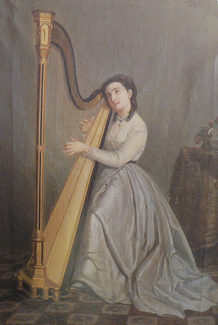 Portrait de Mariquita Miralles jouant de la harpe.