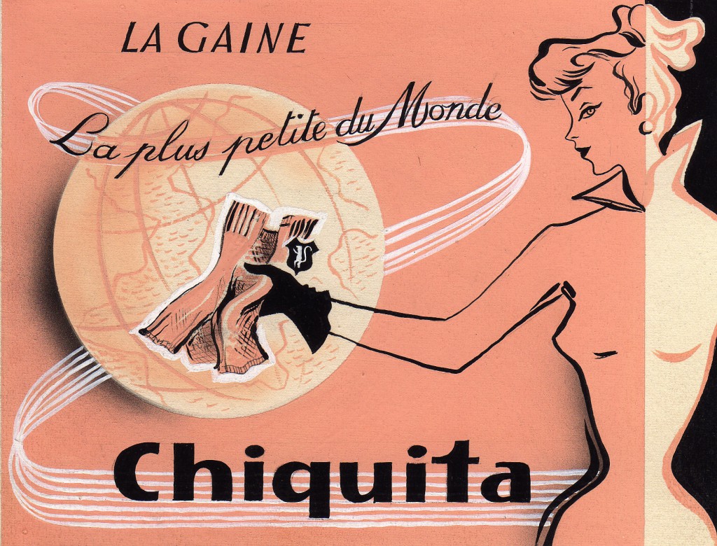 1953 Publicité de la gaine Chiquita réalisée par les ateliers I.C.A. à Paris.