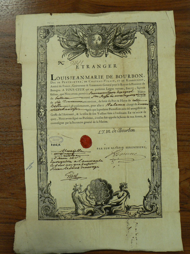 Certificat de sortie du Port de Marseille pour le vaisseau étranger Sainte Rose. Certificat de sortie du Port de Marseille pour le vaisseau étranger Sainte Rose.