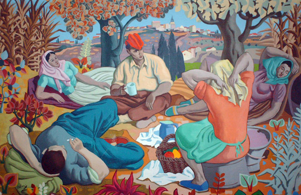 M.Delaris, les vendengeurs au repos, hst 185x120 cm, étude Halimi, Perpignan, juin 2007