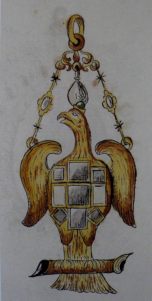 attrib. à Cosme de Barcelona, pendentif en forme d'aigle, XVIIe s. Guadalupe, Archives du Monastère Sainte Marie.