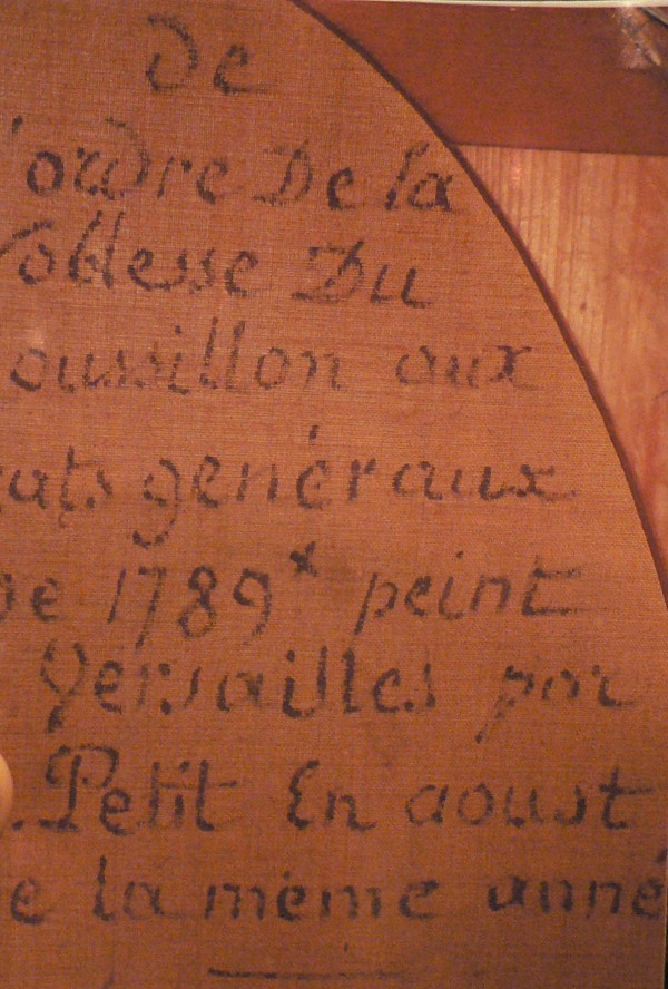 Détail de l'inscription au dos de la toile. 