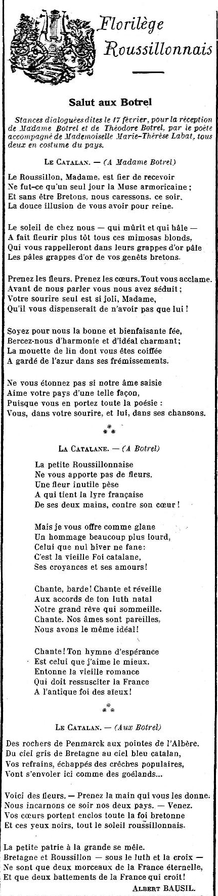 24 fevrier 1912 le cri Catalan, poésie d'Albert Bausil en hommage aux Botrel.