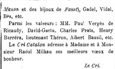 Mariage Milhau Barrera, Le Cri Catalan 1910 