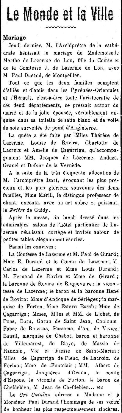 mariage Durand de Lazerme, le Cri Catalan 2 12 1911