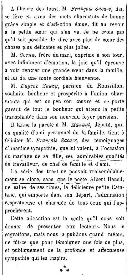 mariage Sacazze Cornu le Cri catalan 1910 