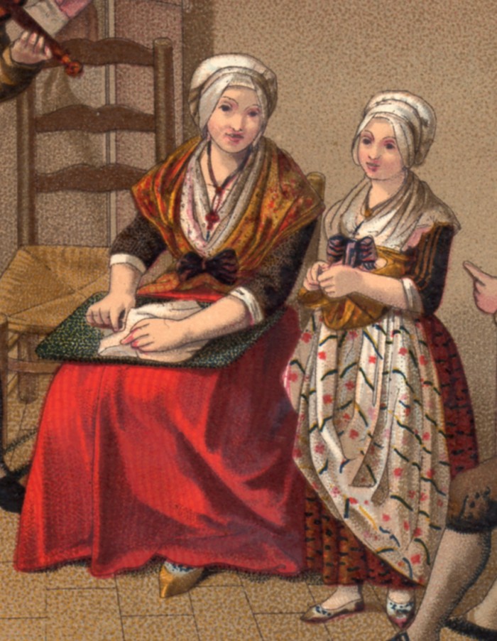 la mère porte une jupe de lainage rouge, sa fille un joli tablier en toile peinte.
